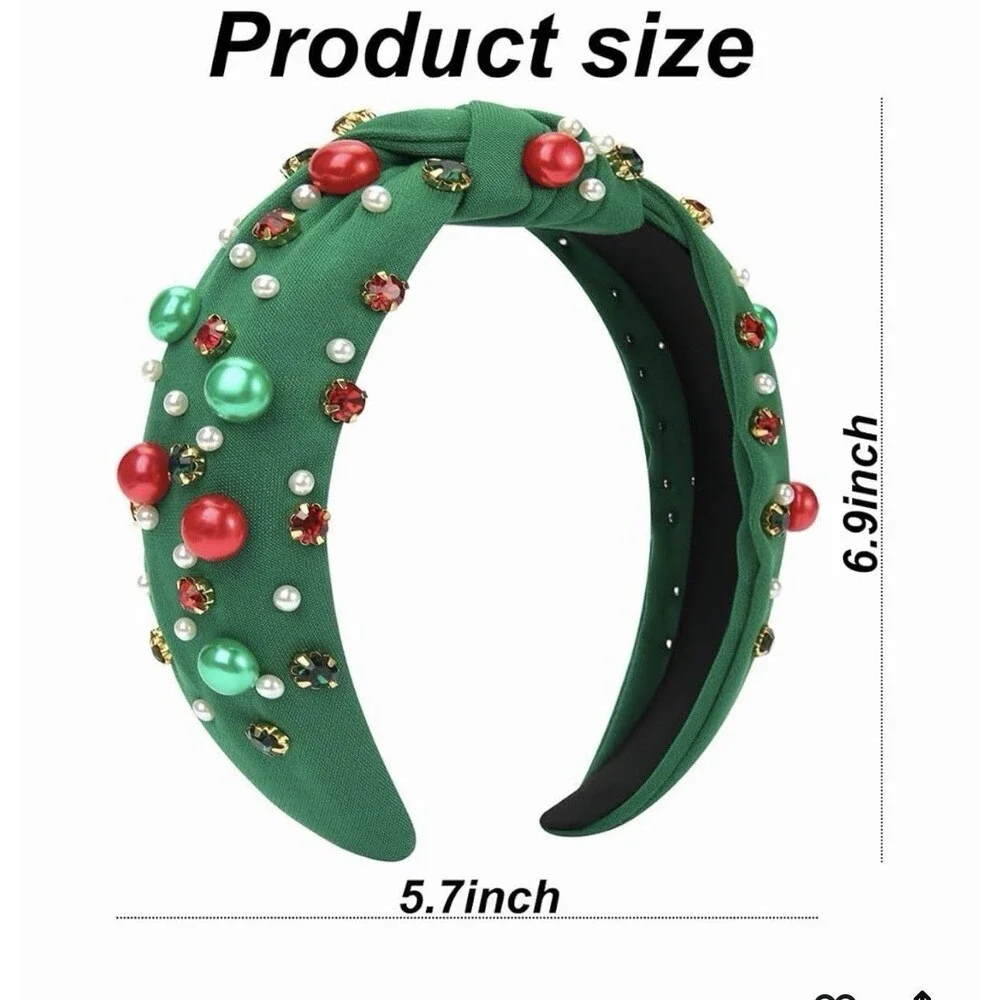 Green Christmas Pearl Rhinestone Non Slip Wide Top Knotted Headband Crystal